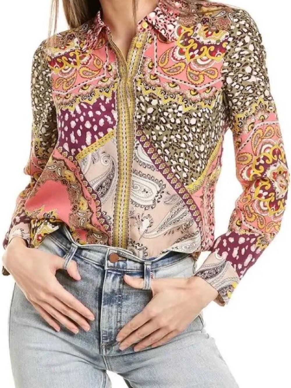 Alice + Olivia Mixed Paisley Print Silk Button Down Blouse Size Small